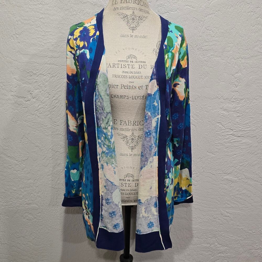 Isaac Mizrahi Live! Blue & Green Abstract Floral Print Wrap Cardigan Sweater - Picture 2 of 6
